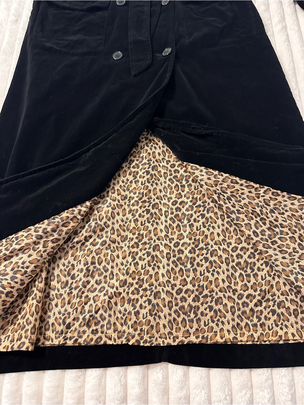 VINTAGE 90s Y2K Newport News Black Velvet Leopard Print Lined Trench Coat Maxi - Picture 5 of 10